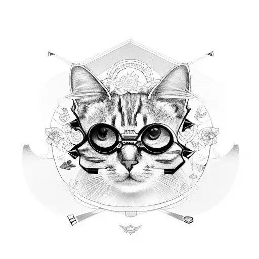 Cat Wearing Harry Potter Glasses Surrounded By Geometric Shapes And Flowers