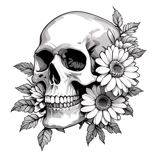 Pretty Floral Chrysanthemums And Skull Soft Shading