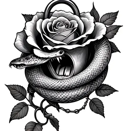 Rose Background With A Lock Design With A Snake Wrapped Around It With Its Mouth Open