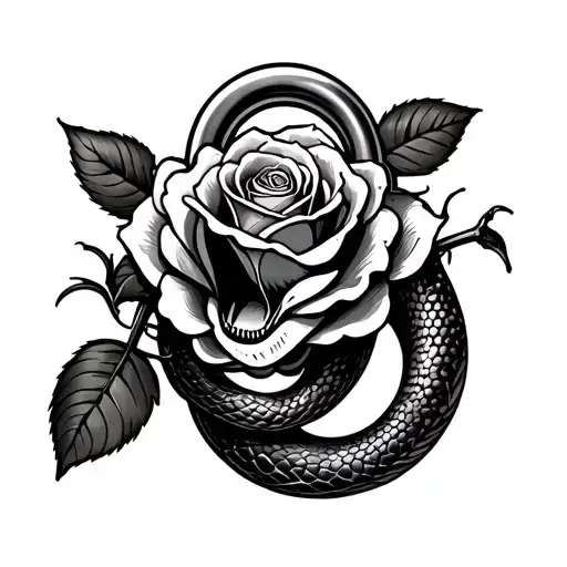 Rose Background With A Lock Design With A Snake Coming Through The Lock With Its Mouth Open