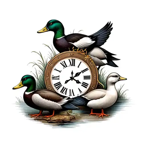 Country Tattoo Design With Ducks And Roman Numeral Clock