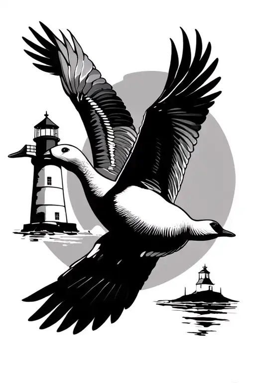 Goose Flying With Lighthouse Shining