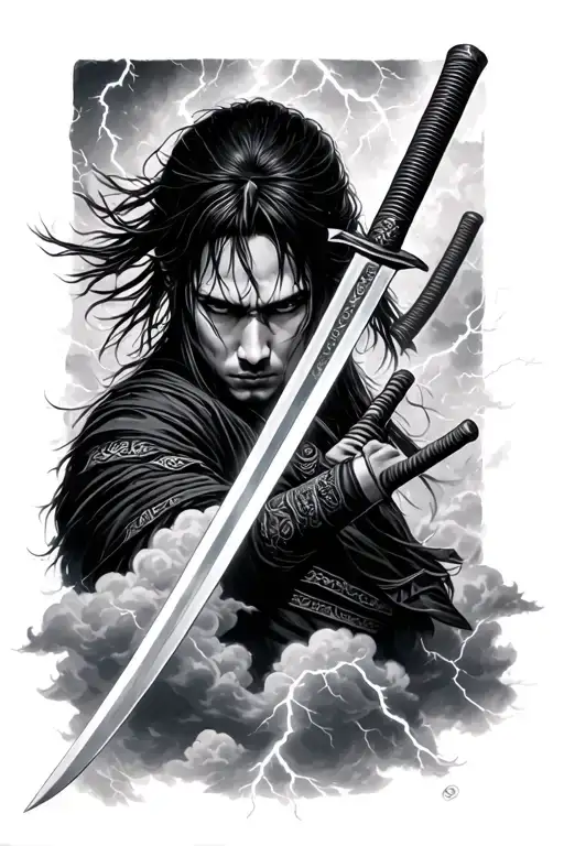 Katana Facing Down In Clouds And Lightning Storm
