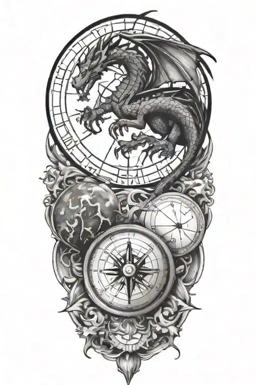 Combination Of Compass And Planet With Sunshine And A Harmless Dragon Around It