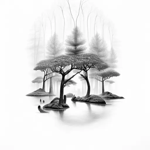 A Detailed Illustration Of A Serene Forest With A Hidden Architectural Structure