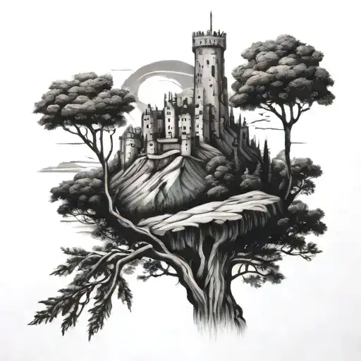 Tree And A Castle On A Mountain