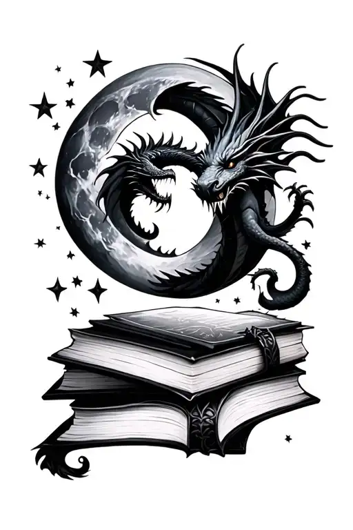 Books Surrounded By The Moon And Stars And Dragons