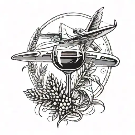 Single Wheat Stalk Intertwined With Small Red Wine Glass And Small Airplane