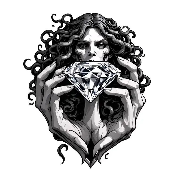 Beautiful Medusa Holding One Large Princess Cut Diamond With Both Hands