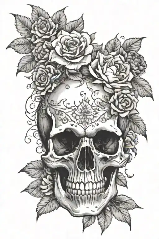 Skull And Flowers Blooming