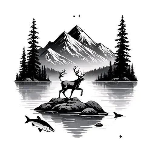 Mountains With A Deer Standing And A Lake With Fish Jumping With A Cross