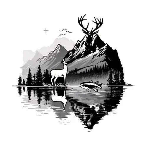 Mountains With A Deer Standing And A Lake With Fish Jumping With A Cross