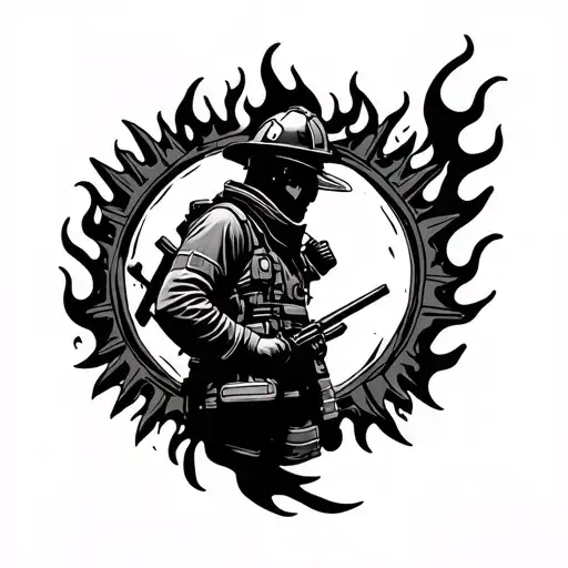 Firefighter Silouette In A Compas With Flames Surrounding