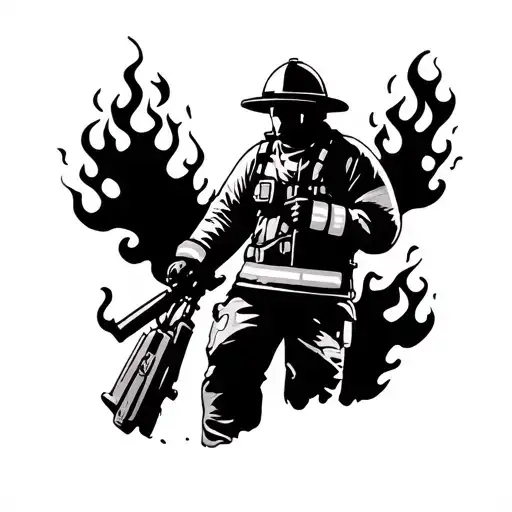 Firefighter Silouette In A Compas With Flames Surrounding
