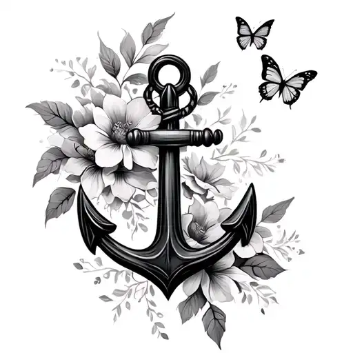 Anchor With Flowers And Butterflies Flying