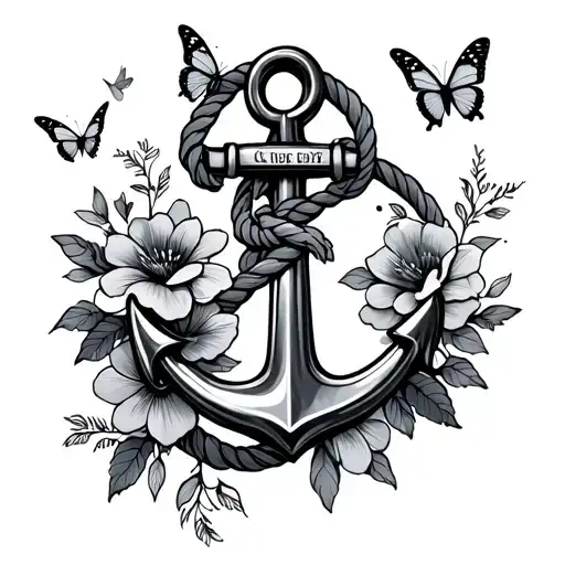 Anchor With Rope With Flowers And Butterflies Flying