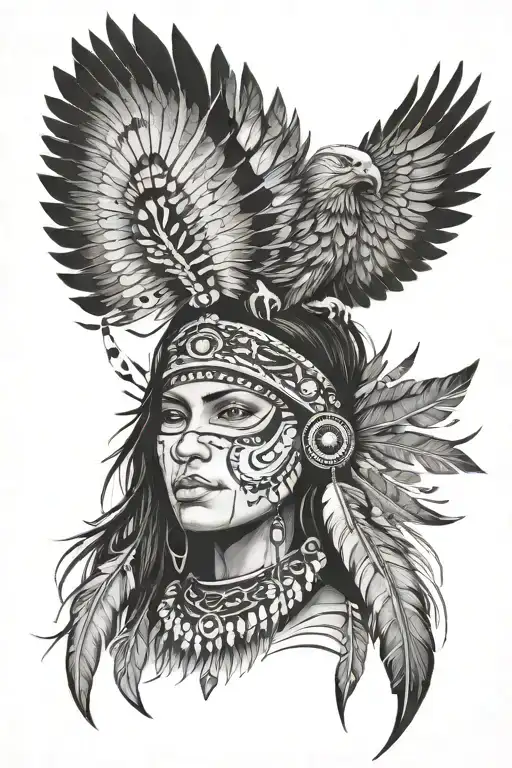 Indigenous Face Woman Into Eagle Feather