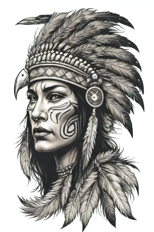 Indigenous Face Woman Into One Eagle Feather