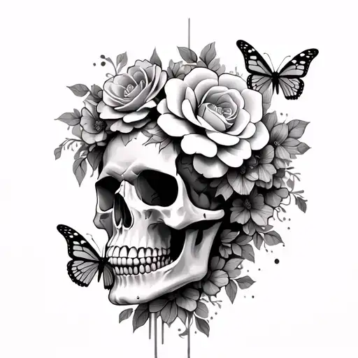 Skull With Flower Halo Cover Up With Butterflies