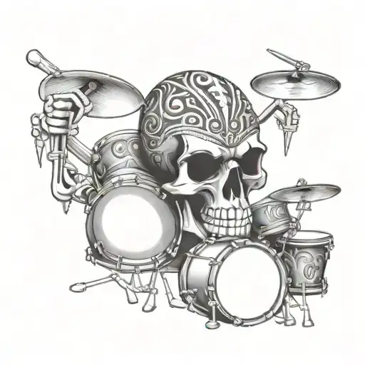 Design A Tattoo Featuring A Skull Playing Drums Surrounded By Maori Patterns And Metal Symbols