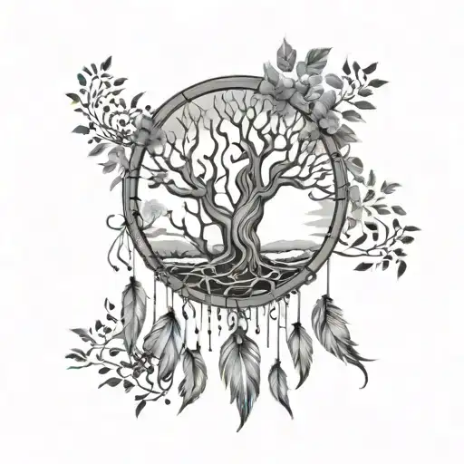 A Tree Of Life With Leaves In A Dream Catcher