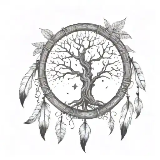 A Tree Of Life With Leaves In A Dream Catcher Avec Trois Plumes