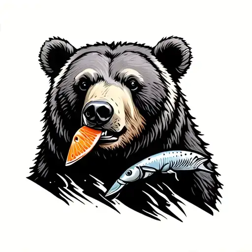 Calm Bear In Profile With Salmon In Mouth In The Style Of American Traditional