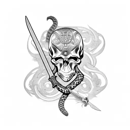 Skull With Sword Through It And Snake Wrapped Around It With Floral Background
