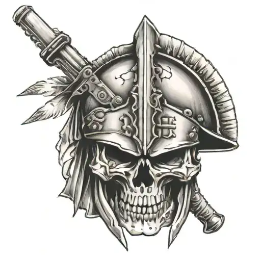 Spartan Helmet On A Skull Biting A Bullet And Guns Crossed In The Background
