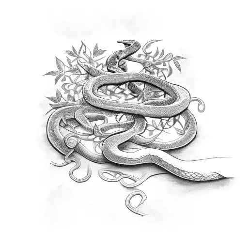 Snake Wrapped Around Sword With Vines And Flowers In The Background