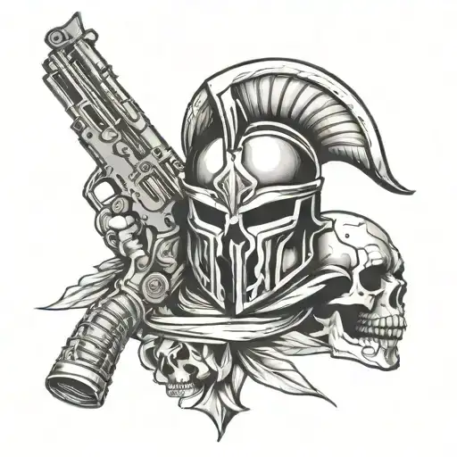 Spartan Helmet On A Skull Biting A Bullet And Gun Intertwined
