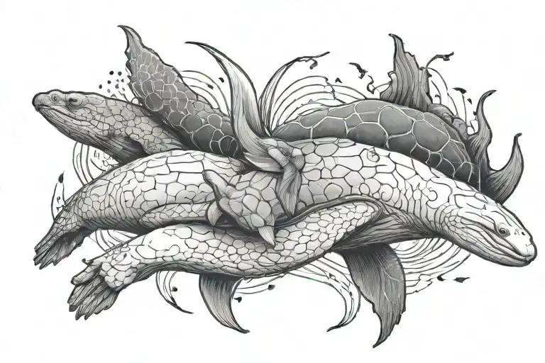 Hands Of Adam Hands Touching Diagonal With Beluga Swimming Under And A Turtle Above