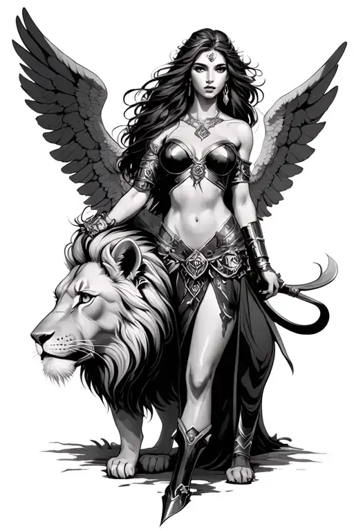Female Warrior Angel With Lion
