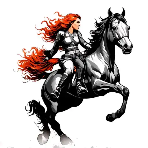 Running Horses With A Female Red Hair Warrior Riding At Full Gallop