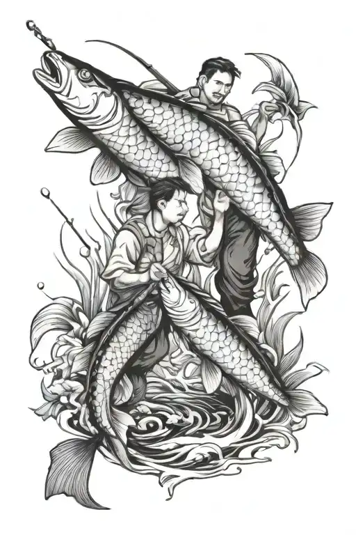 Father And Son Fishing For Koi Fish