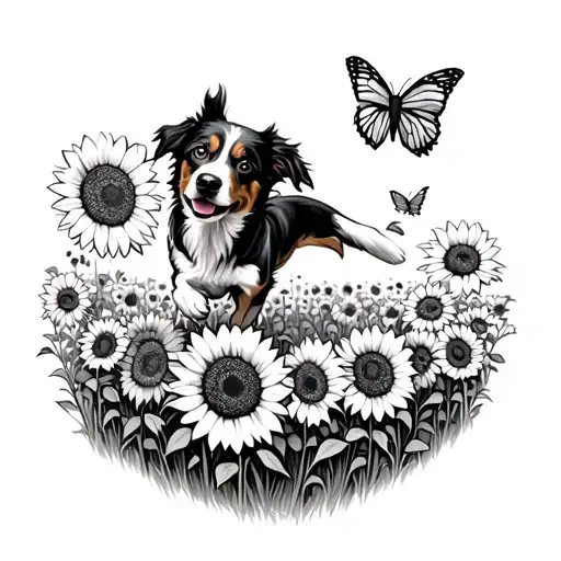 A Playful Design Of A Dog Chasing A Butterfly Through A Field Of Sunflowers