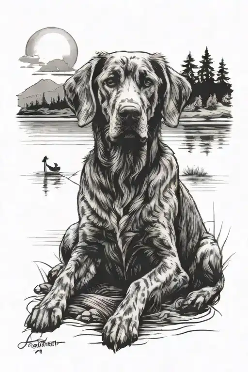 Dog Sitting Near Lake Scene