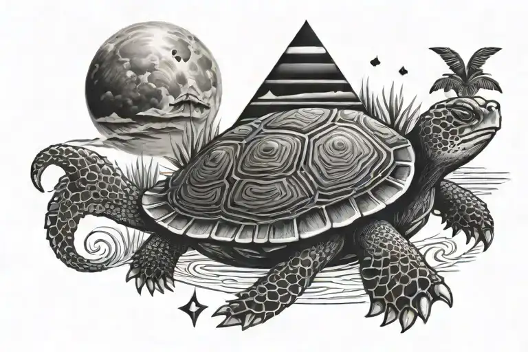 Polynesian Turtle With Egypt Pyramid Moon Desert River