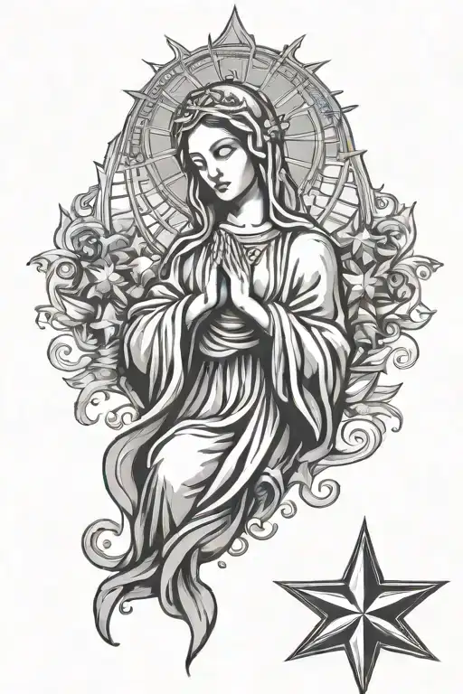 Mother Mary Godess With Stars Around Head And Hands Up