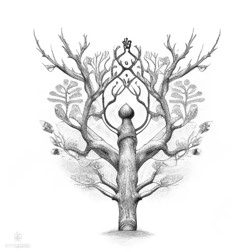 A Black-grey Tattoo Of A Family Tree With Branches Shaped Like Musical Instruments