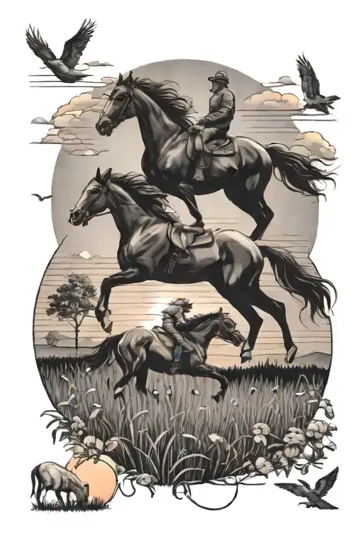 A Meadow With A Sunset With Two Horses And In The Sky Two Planes From The Second World War