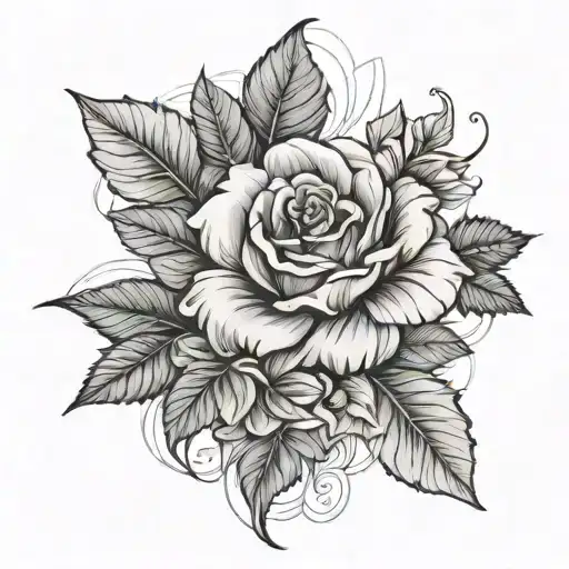 Rose With Hibiscus Flower And Maple Leaf Intertwined