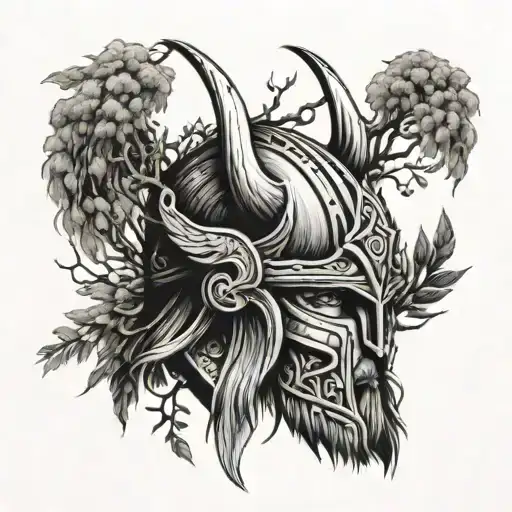 Craft A Black And Grey Tattoo Of A Viking Helmet Surrounded By Willow Branches And Storks In Flight