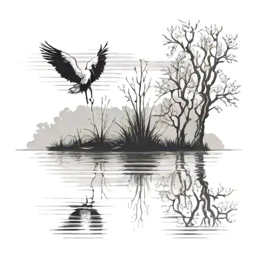 A Peaceful Scene Of A Lake With A Willow Tree And A Stork Standing In The Water
