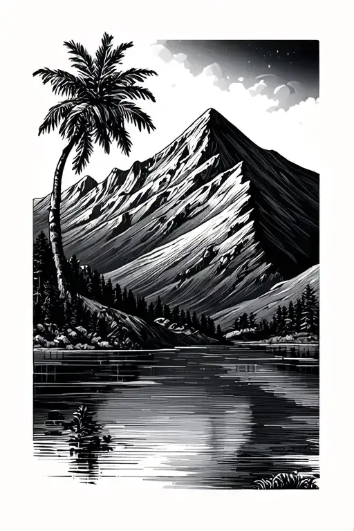 Mountain Landscape And A Palm Tree And Lines In Between