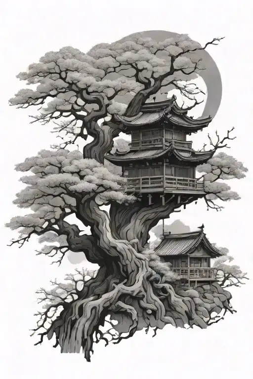 Japanese Theme Samurai Temple And Tree With Cherry Blossoms Full Manga