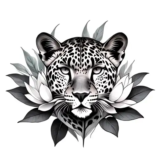 Leopard With Lotus Flowers And Leaves