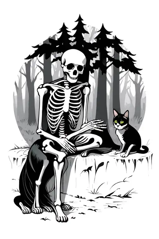 Skeleton Sitting In The Forest Petting Dog And Cat