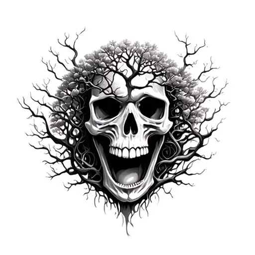 Skull With Tree Of Life Coming Out Of Mouth Open