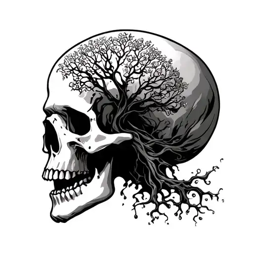 Side Ways Facing Skull With Tree Of Life Coming Out Of Its Mouth